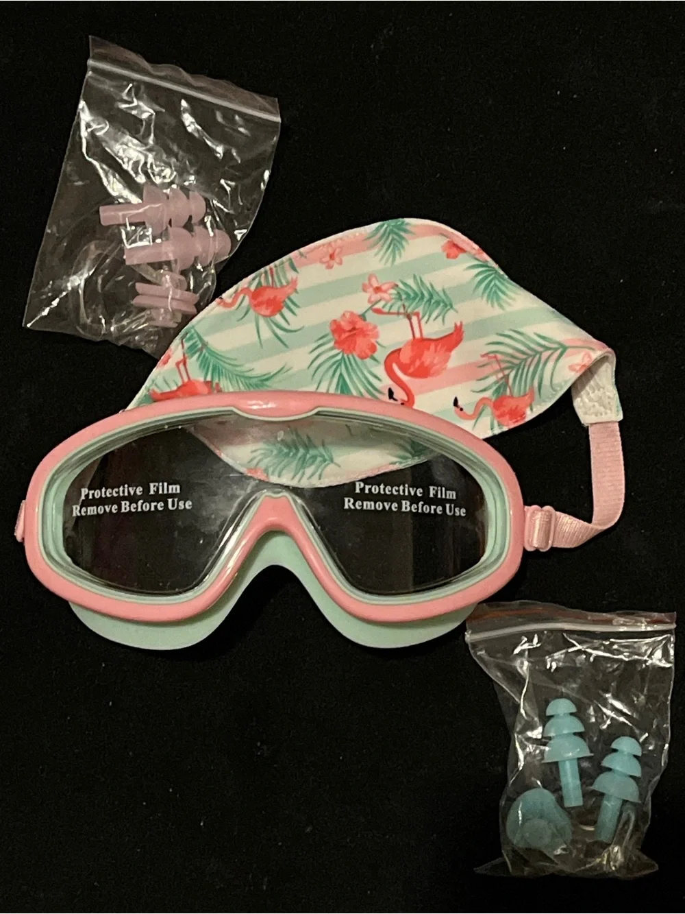 Pixel Panda Kids Flamingo Swim Goggles Set Cap Ear Plugs Nose Clip New